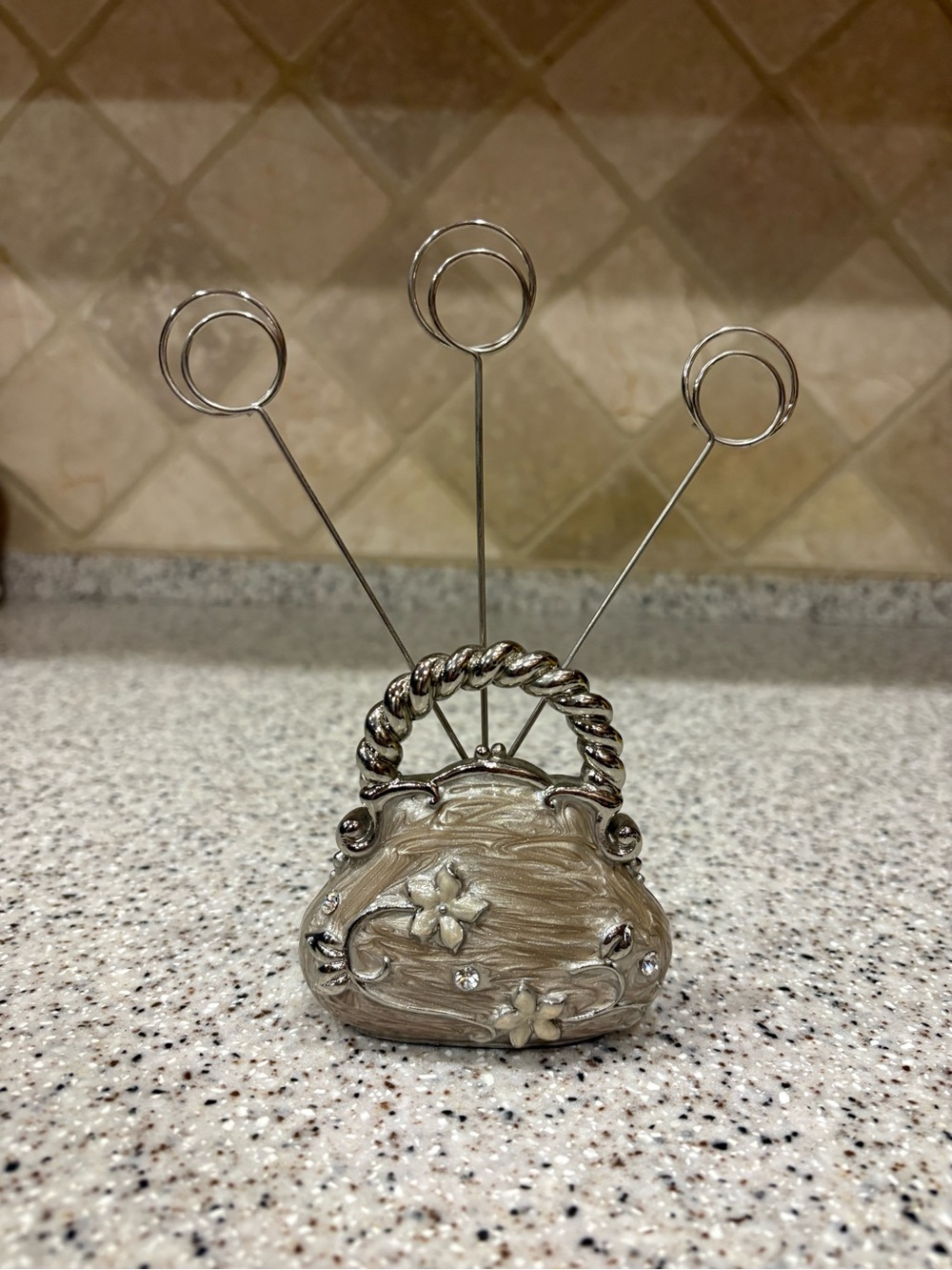 Floral Enamel Purse Photo Holder Metal Card Stand Decor